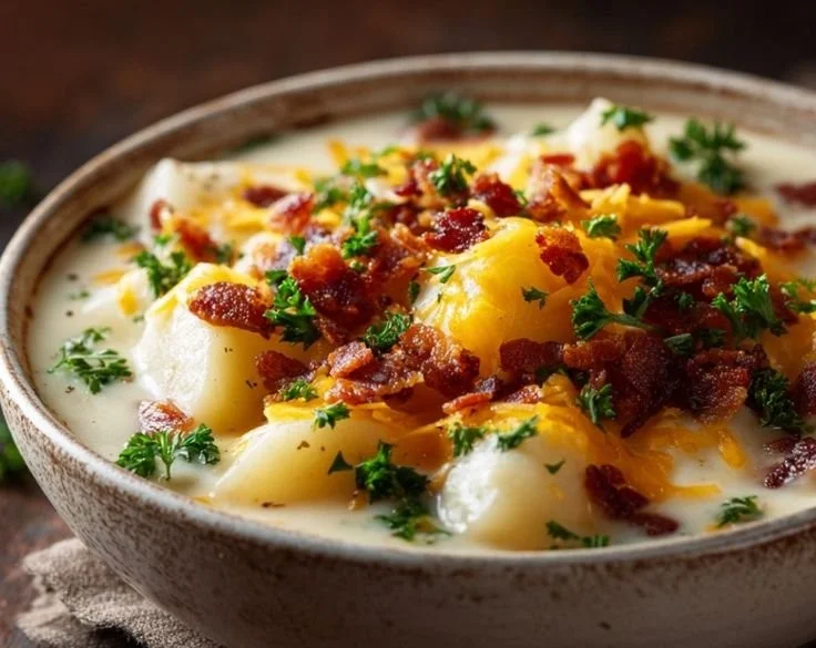 Delicious creamy potato soup in a cozy bowl with herbs on top