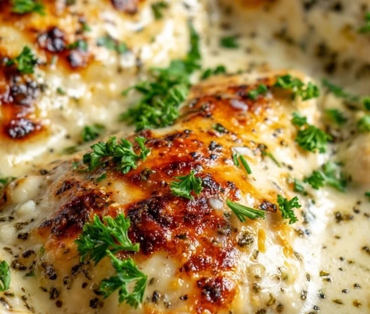 Delicious Baked Caesar Chicken served with a creamy sauce and golden crust