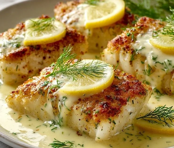 Baked cod fillet topped with lemon-dill sauce on a plate