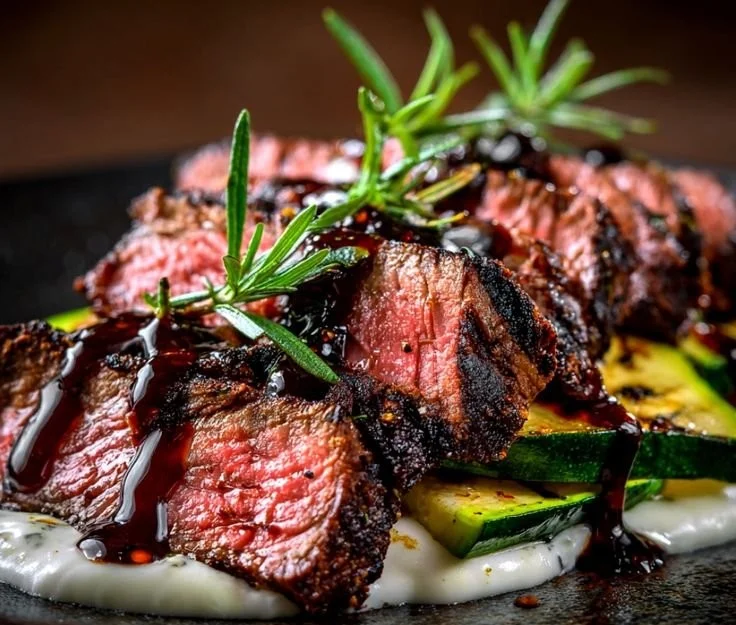 Balsamic glazed flank steak served on a plate, garnished with herbs.