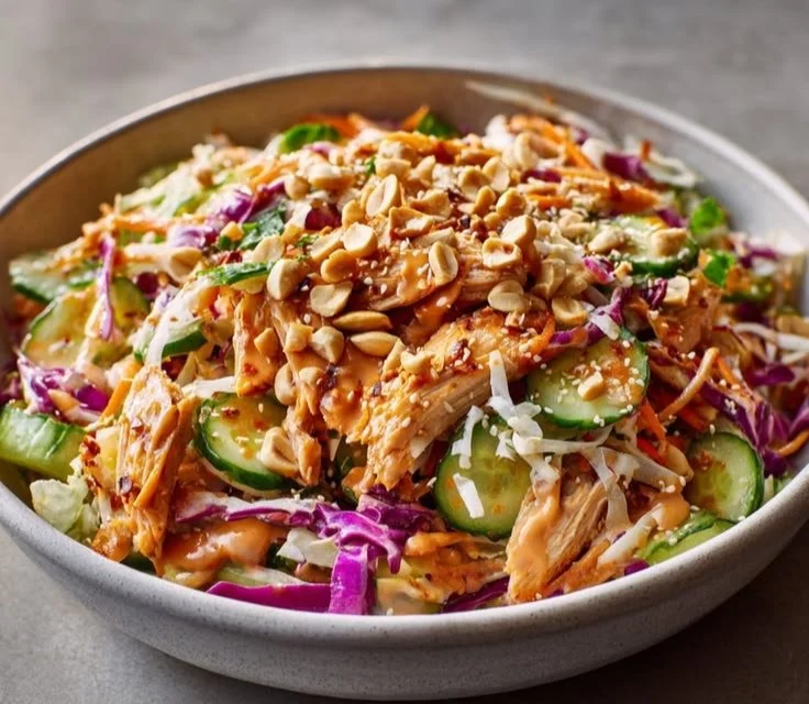 Colorful Bang Bang Chicken Salad with crunchy vegetables and creamy dressing