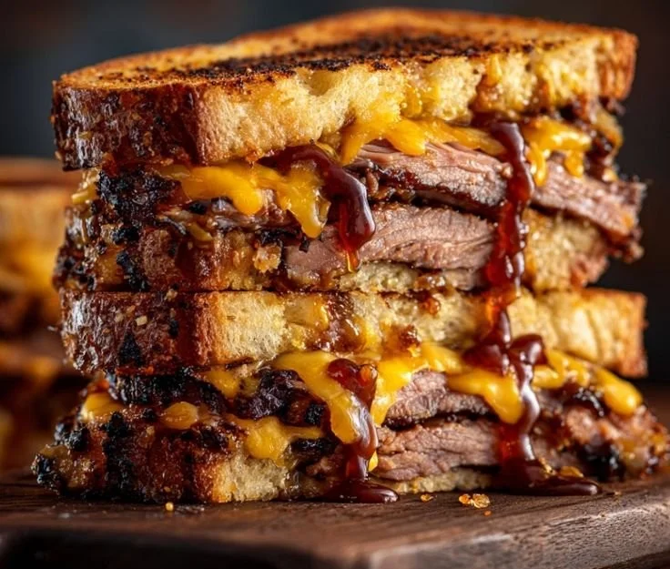 BBQ brisket grilled cheese sandwich with melted cheese and smoky brisket