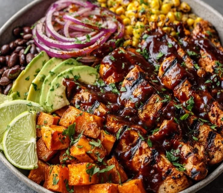 BBQ Chicken Sweet Potato Bowl with fresh ingredients and vibrant colors