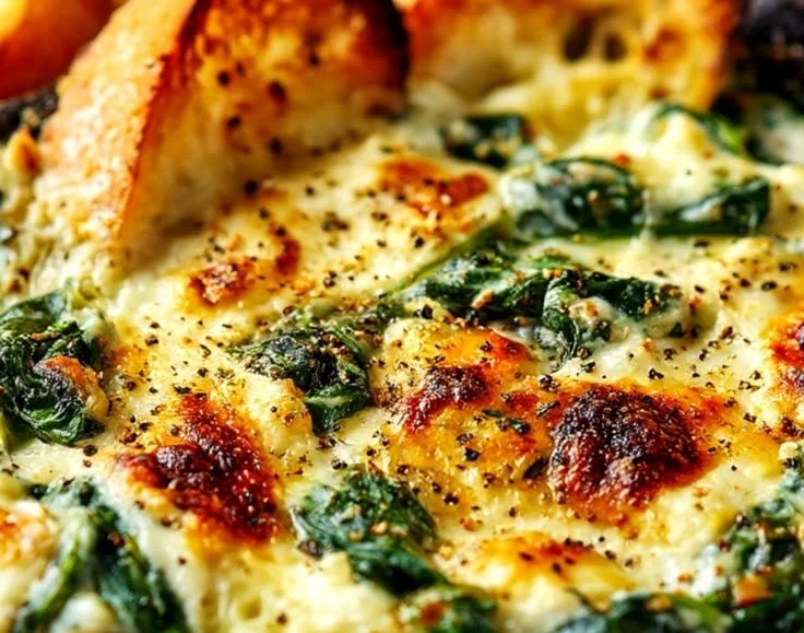 Creamy baked spinach artichoke dip served in a bowl with crackers