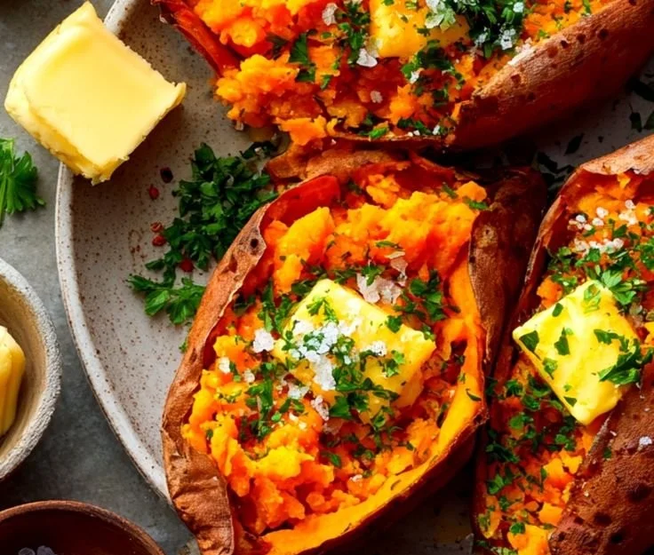 Delicious baked sweet potatoes served with toppings