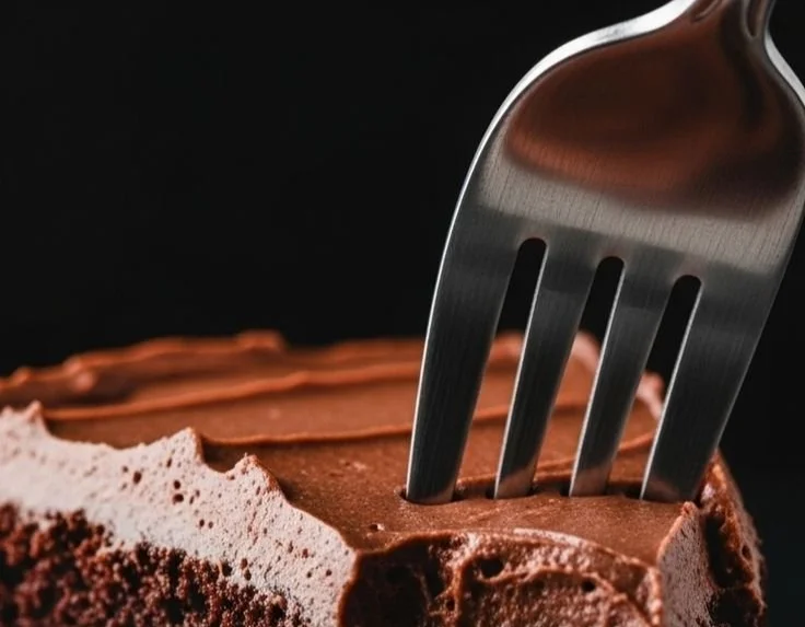 Deliciously moist and fudgy chocolate cake served on a dessert plate