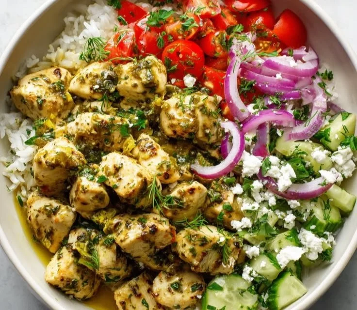 Colorful Mediterranean lemon-dill chicken bowls garnished with fresh herbs and vegetables.