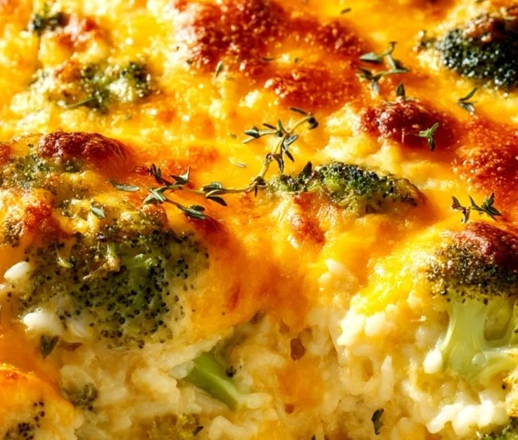 Delicious broccoli cheese rice casserole baked to perfection with gooey cheese.