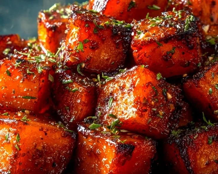 Brown sugar roasted butternut squash dish garnished with herbs