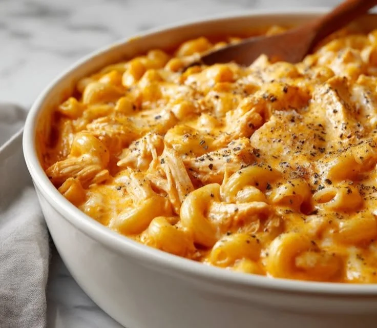 Delicious bowl of Buffalo Chicken Mac and Cheese with a spicy kick