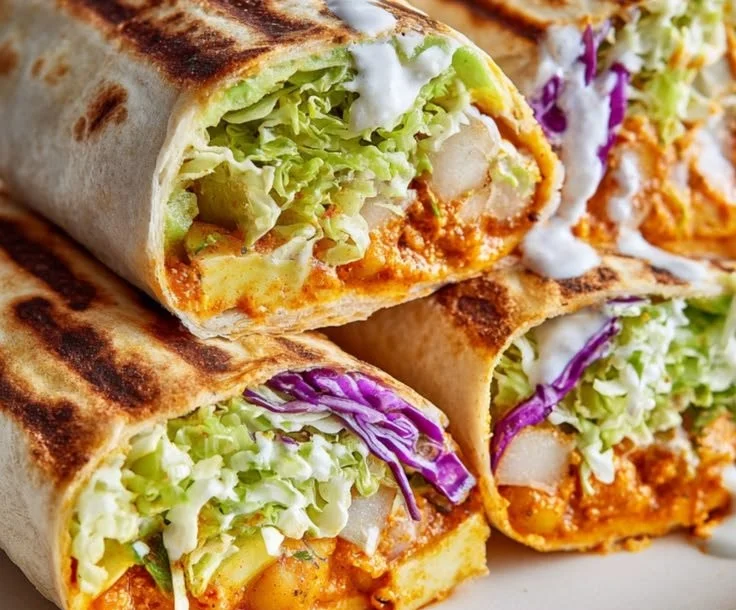 Buffalo Chickpea Salad Wrap with fresh vegetables in a tortilla