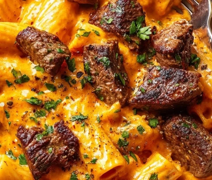 Creamy Cajun Steak Pasta served with fresh herbs and spices
