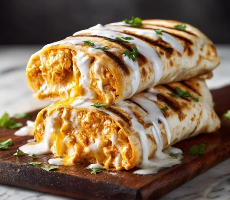 Cheesy Buffalo Chicken Burritos filled with spicy chicken and cheese