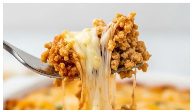 Delicious Cheesy Ground Turkey Casserole served in a baking dish