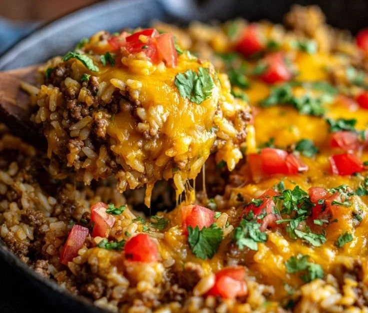 Delicious cheesy taco rice in a skillet, perfect for a quick dinner meal