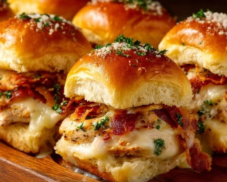 Delicious Chicken Bacon Ranch Sliders with crispy bacon and ranch sauce
