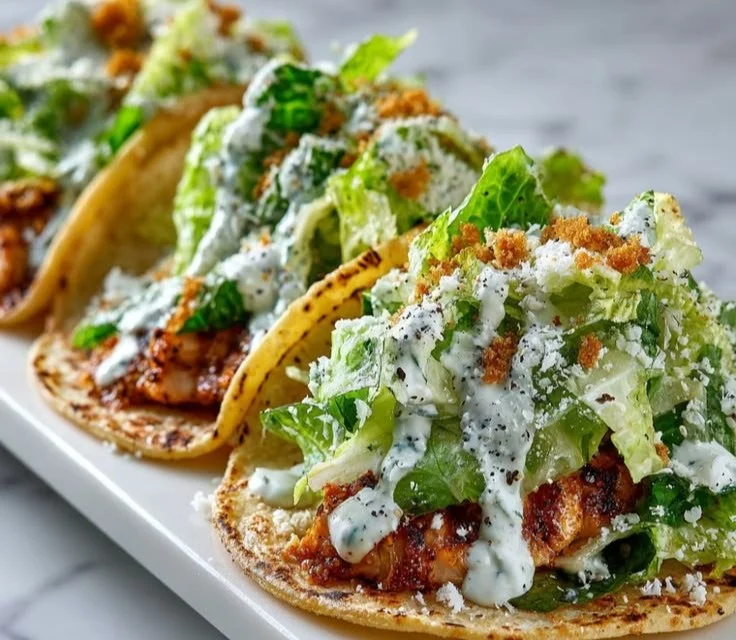 Delicious Chicken Caesar Tacos topped with creamy dressing and crunchy lettuce