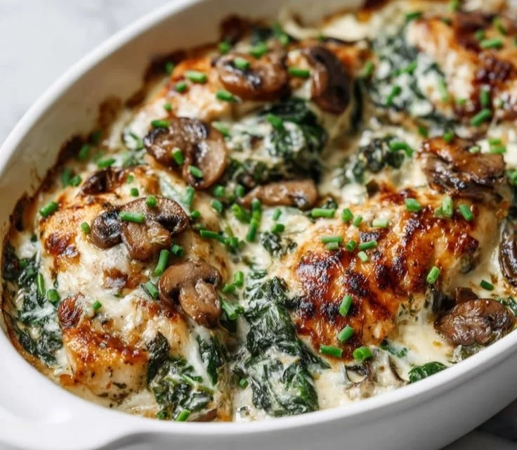 Delicious Chicken Spinach Bake dish served hot on a plate
