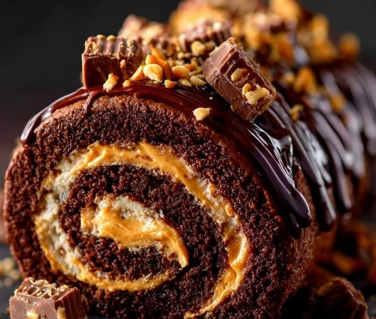 Chocolate Peanut Butter Cake Roll with creamy filling and chocolate glaze