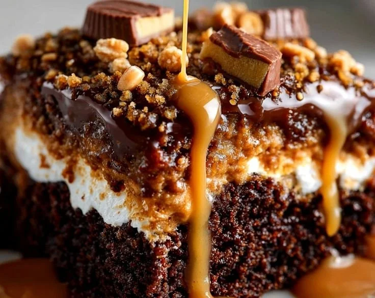 Delicious Chocolate Peanut Butter Dump Cake served warm with chocolate drizzle