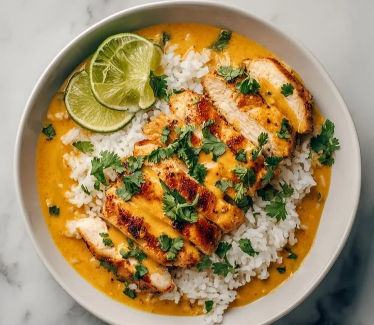 Coconut Chicken Rice Bowl topped with herbs and served in a cozy dish
