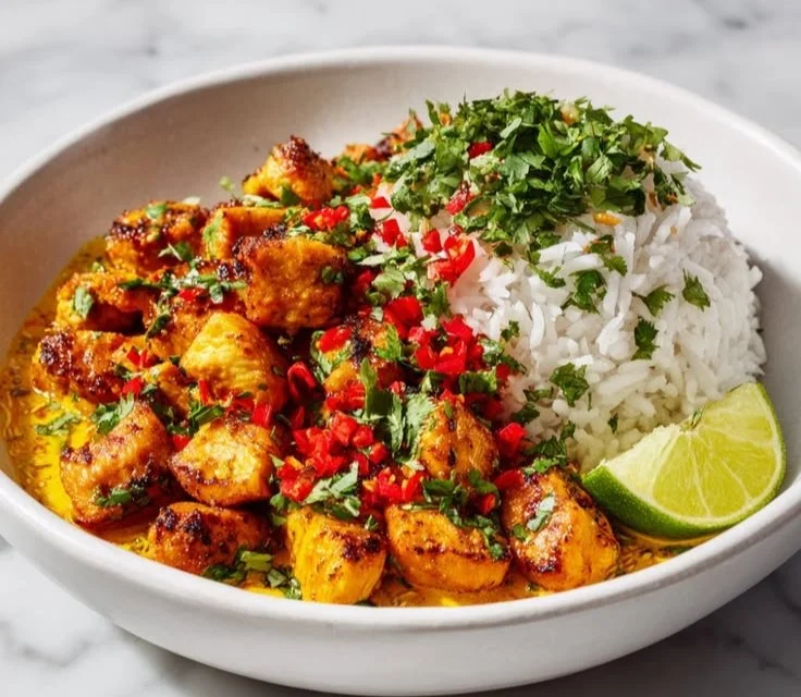 Coconut Chicken Rice Bowl with crispy chicken and creamy coconut sauce