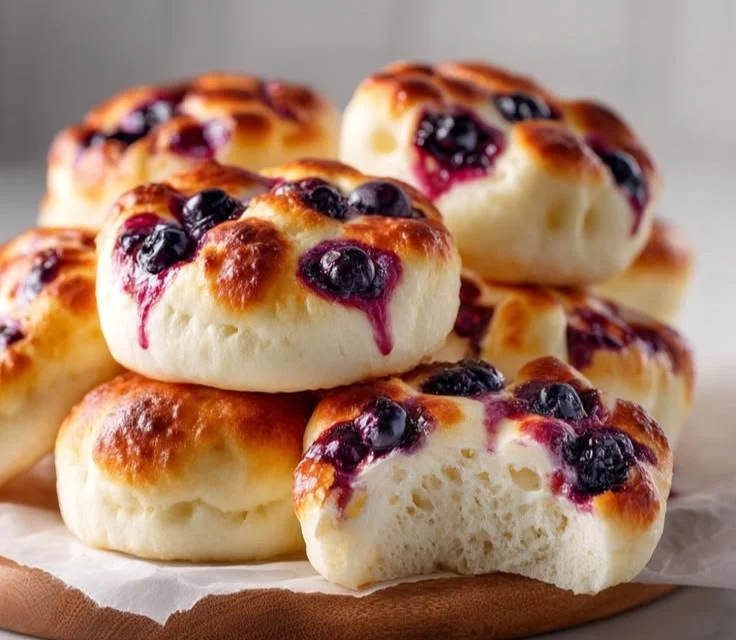 Fluffy cottage cheese blueberry cloud bread on a plate for breakfast