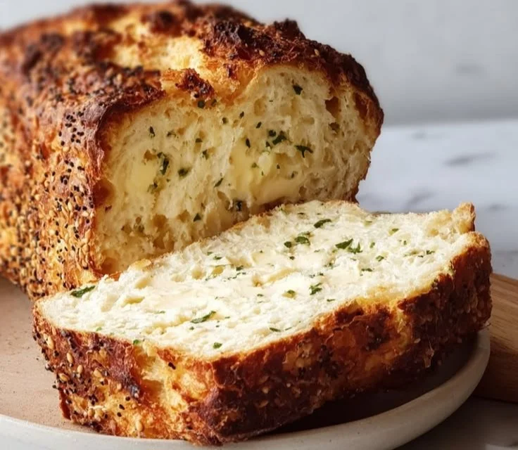 Homemade Cottage Cheese Bread sliced and served with butter