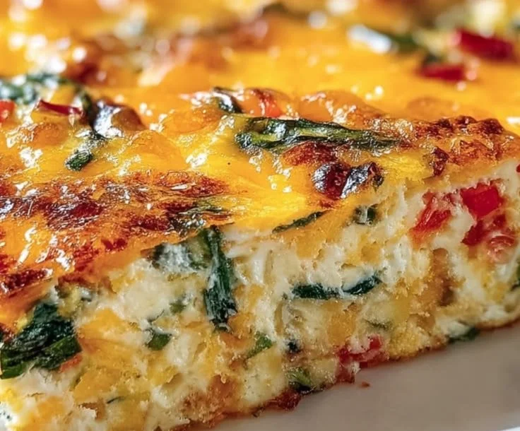 Delicious Cottage Cheese Egg Bake topped with fresh herbs and vegetables.