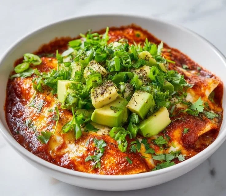 Delicious cottage cheese enchilada bowl topped with fresh ingredients.
