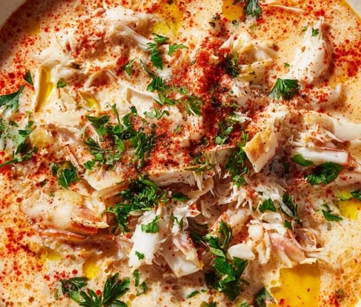 Delicious creamy crab stew with rich claw meat served in a bowl