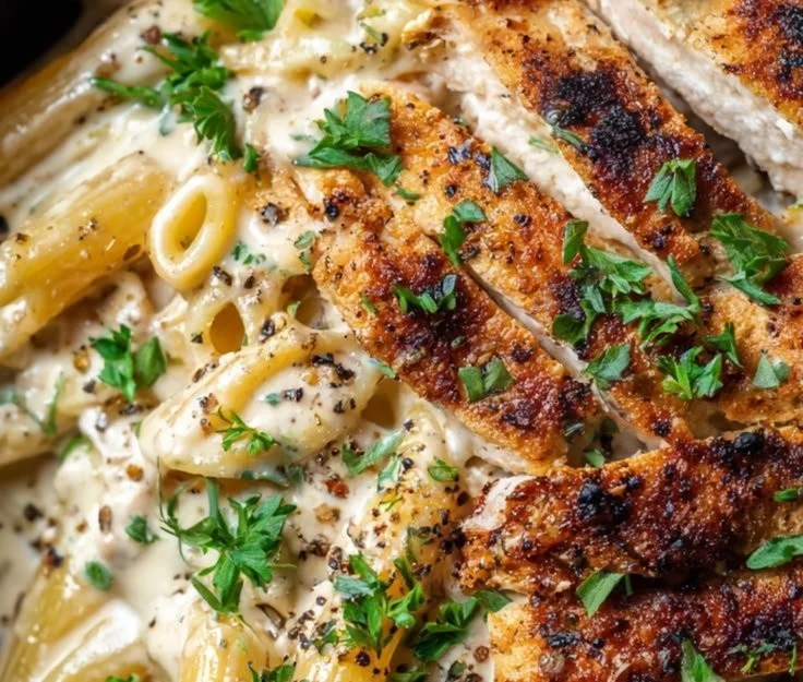 Plate of Crack Chicken Penne topped with seared chicken and creamy white sauce