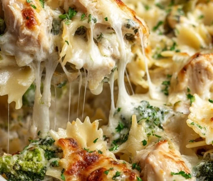 Creamy chicken and broccoli alfredo bake in a casserole dish