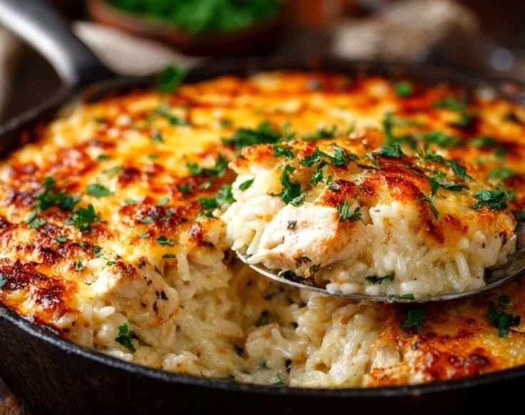 Delicious creamy chicken and rice casserole served in a baking dish