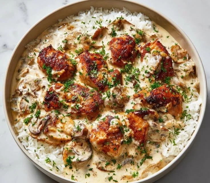 Creamy chicken with rice served in a bowl, garnished with herbs.