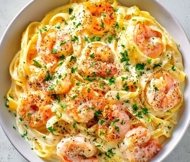 Creamy garlic shrimp Alfredo dish garnished with parsley in a bowl.