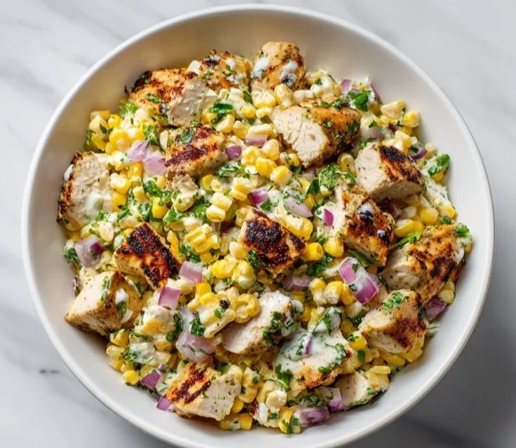 Creamy high protein chicken salad with street corn and fresh ingredients
