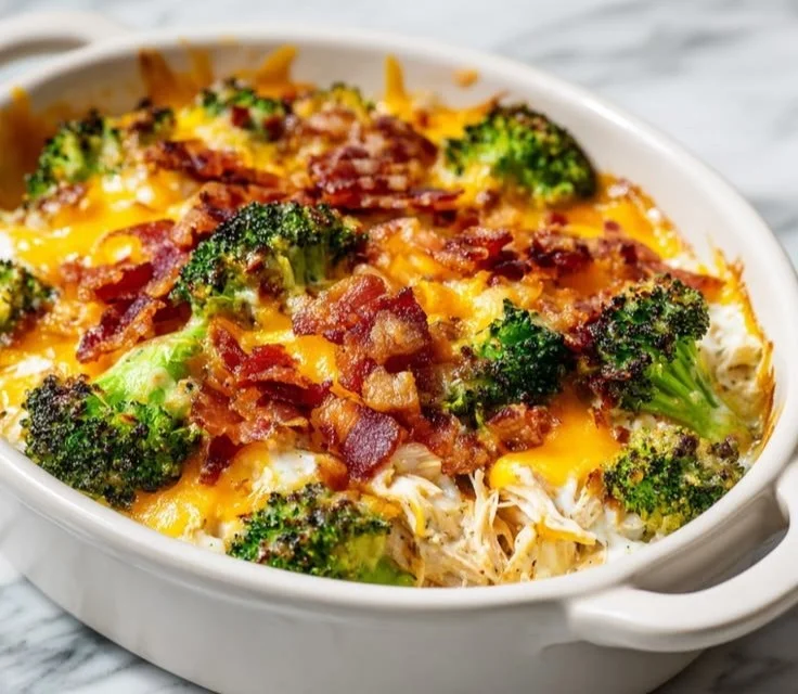 Creamy low carb chicken casserole dish with vegetables and cheese