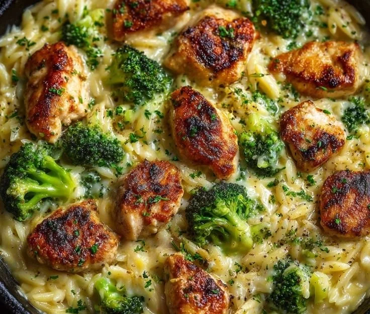 Creamy one-pot cheesy chicken and broccoli orzo served in a bowl.
