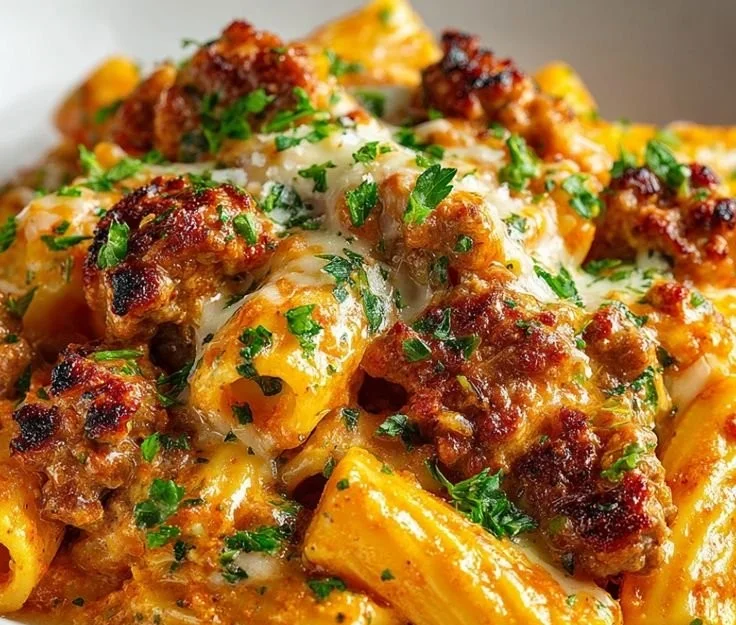 Creamy sausage rigatoni dish topped with herbs and cheese