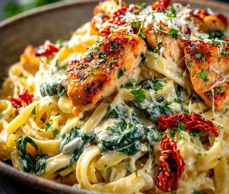 Creamy Tuscan chicken pasta dish served in a bowl for weeknight dinner.
