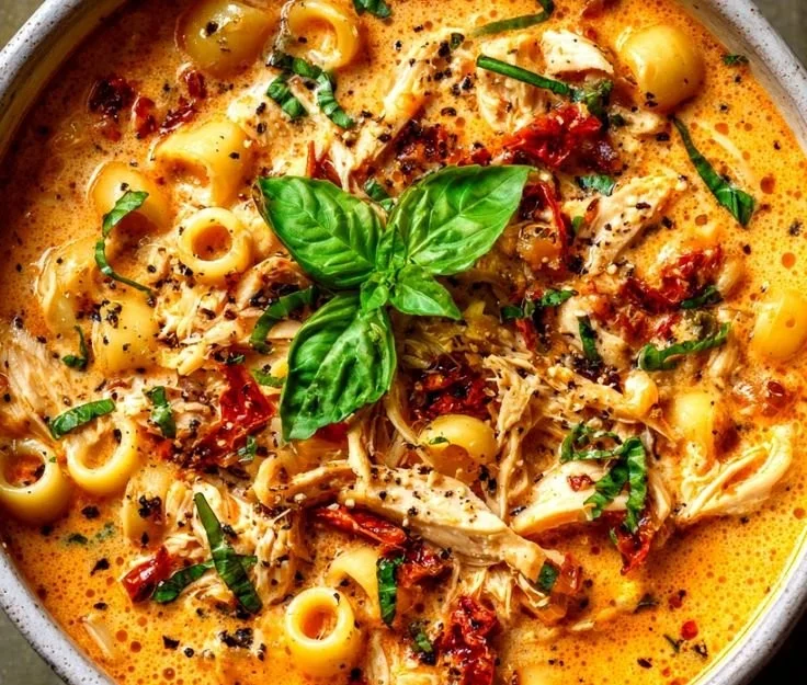 Bowl of creamy Tuscan Marry Me Chicken soup garnished with herbs and spices.