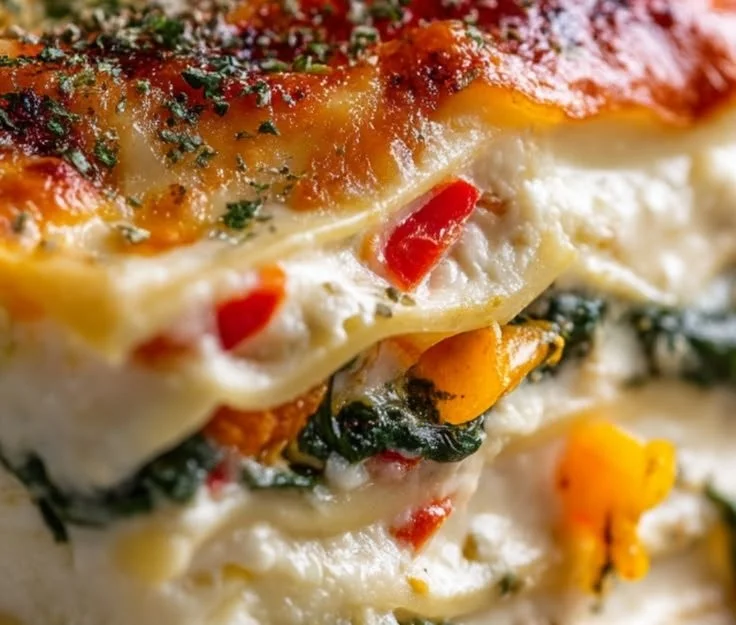 Creamy veggie white lasagna served in a baking dish with fresh herbs