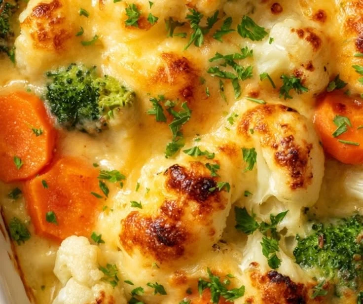Creamy winter vegetable casserole topped with cheese and herbs in a baking dish.