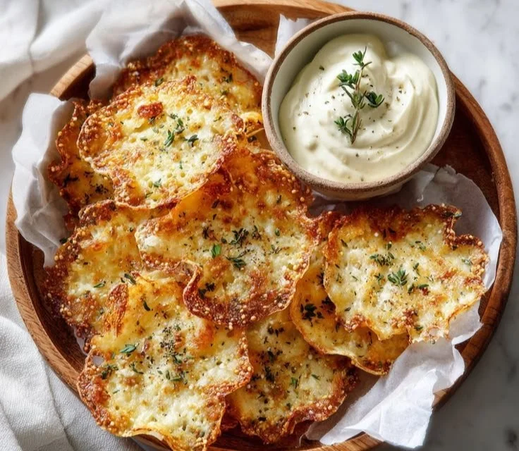 Crispy cottage cheese chips served on a plate, showcasing their golden color and texture.