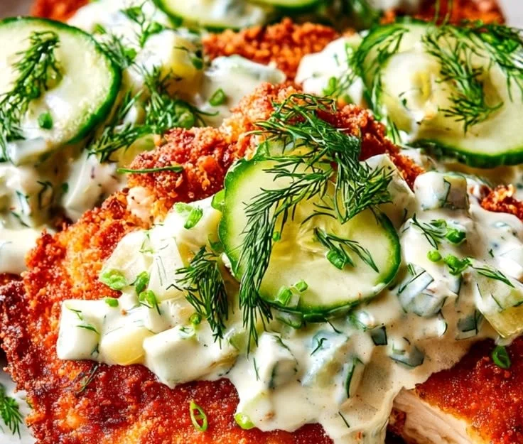 Crispy dill pickle parmesan chicken garnished and ready to serve.