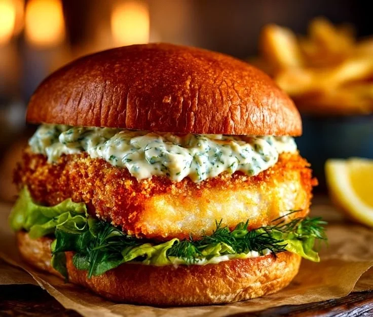 Crispy fried cod sandwich with golden batter and fresh toppings on a bun