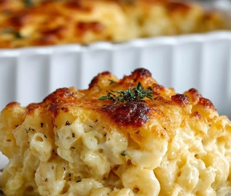Crispy golden-brown baked mac and cheese topped with breadcrumbs and melted cheese
