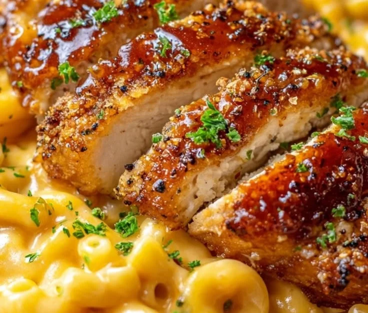 Delicious Crispy Honey Pepper Chicken Mac and Cheese dish with crispy chicken and cheesy sauce.