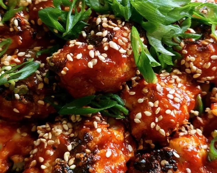 Crispy Korean baked cauliflower dish with garlicky seasoning and crunchy texture